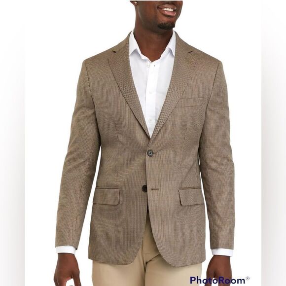 Chaps Tan Silk & Wool Check 2-Button Lined Sport Coat Jacket Size 48R